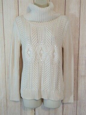 Talbots Fisherman Cable knit Turtle Neck Ivory Sweater